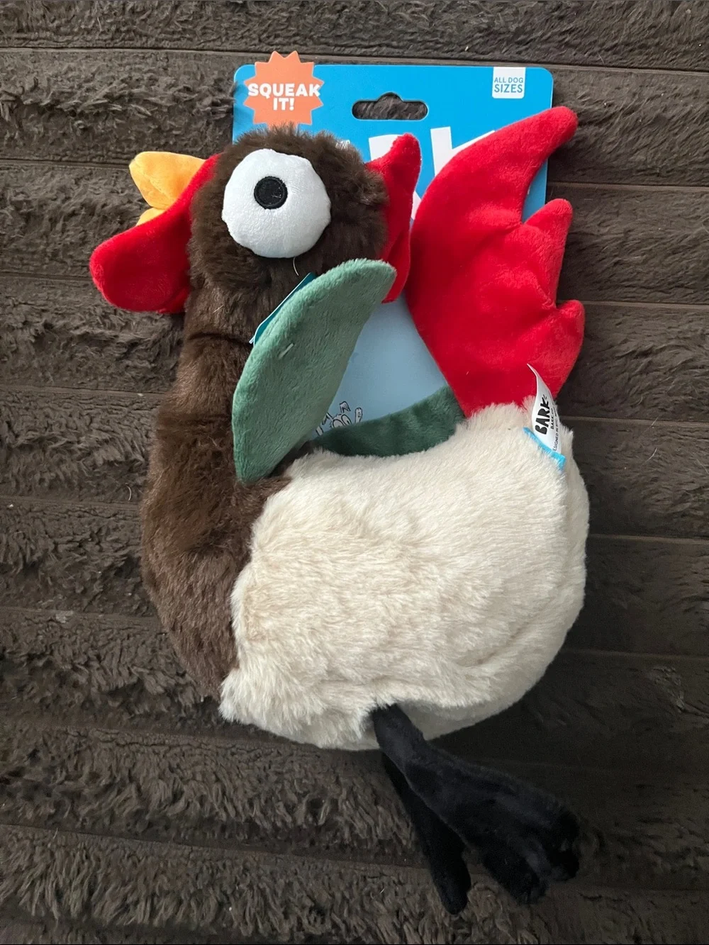 Bark Plush Squeak Rooster Dog Toy - Red, Brown, Cream, Green, Black